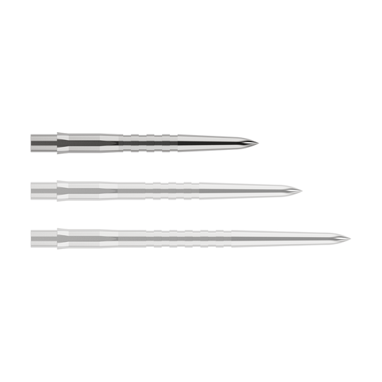 Das Bild zeigt drei silberne, gerillte Spitzen für Steeldarts in unterschiedlichen Längen. Sie sind nebeneinander auf einem weißen Hintergrund angeordnet.
