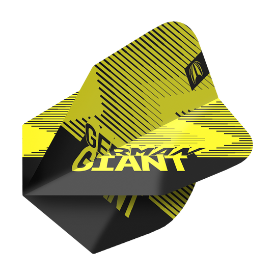 Das Bild zeigt eine gelbe Darts-Flight mit schwarzen Streifen und der Aufschrift „GERMAN GIANT“. Es handelt sich um das Produkt „Target ProUltra Gabriel Clemens Brass No6 Yellow Flights“.