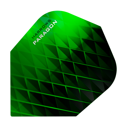 Dies ist ein Harrows Paragon Green No2 Standard Flight. Er hat ein grünes, geometrisches Muster mit schwarzem Akzent.