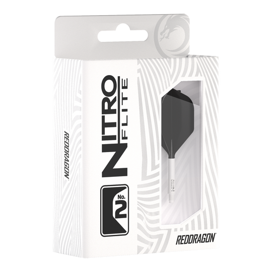 Red Dragon Nitroflite - White Shaft Black No2 Flights Die Abbildung zeigt die Produktverpackung des "Red Dragon Nitroflite" mit weißen Schäften und schwarzen No2 Flights. Die Packung ist überwiegend weiß gestaltet und hat ein Sichtfenster, durch das das Dart-Zubehör zu sehen ist.
