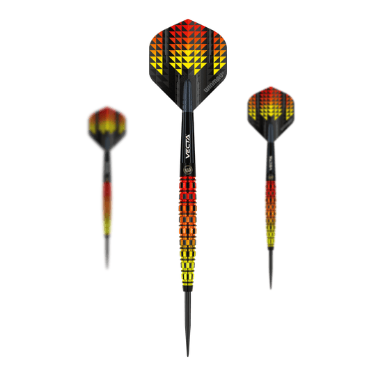 Winmau Firestorm Flame Tapered Steeldarts Die Abbildung zeigt die Winmau Firestorm Flame Tapered Steeldarts. Die Darts haben ein auffälliges Design in den Farben Gelb, Rot und Schwarz mit einem modernen, geometrischen Muster.