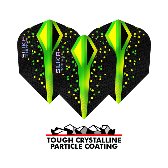 Das Bild zeigt drei Harrows Silika Colourshift Tough Crystalline Coating Green No6 Flights mit schwarzem Hintergrund und grünen, gelben Akzenten. Darunter steht ein Logo mit der Aufschrift "Tough Crystalline Particle Coating".