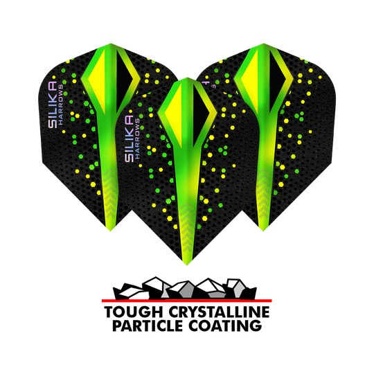 Harrows Silika Colorshift Tough Crystalline Coating Green No6 Flights Auf dem Bild ist ein Set der Harrows Silika Colourshift Tough Crystalline Coating No6 Flights. Die Flights haben ein auffälliges Design.