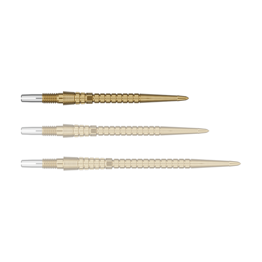 Target Chrono Swiss Storm Point Dart Tips - Gold Eine goldfarbene Dartspitze auf hellem Hintergrund. Sie ist einzeln dargestellt.