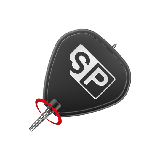 Target Swiss Point DX dart tips - Silver Das Bild zeigt eine schwarze Dart-Flügel mit der weißen Aufschrift "SP". Am unteren Ende ist eine silberne Dartspitze angebracht, um die ein roter Pfeil eine Drehbewegung anzeigt.