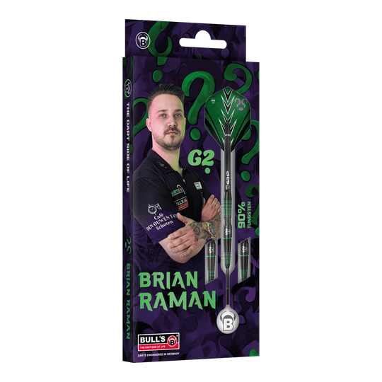 Bulls Brian Raman G2 steel darts Das Bild stellt die Bulls Brian Raman G2 Steeldarts dar. Dieses hochwertige Dartprodukt ist beliebt bei Spielern.
