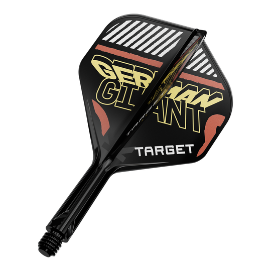 Das Bild zeigt eine schwarze Dartflügel- und Schaftkombination mit der Aufschrift "GERMAN GIANT" und "TARGET". Die Farben sind hauptsächlich Schwarz, Gelb und Rot.