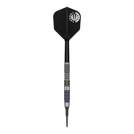 Target Japan Prime Series Yuta Hayashi Sirius GEN3 MAX Soft Darts - 21.5g Das Bild zeigt einen Softdart aus der Target Japan Prime Series, Modell Yuta Hayashi Sirius GEN3 MAX mit einem Gewicht von 21,5g. Der Dart hat ein silbernes Griffstück mit schwarzen und lila Akzenten sowie eine schwarze Flight mit weißem Aufdruck.