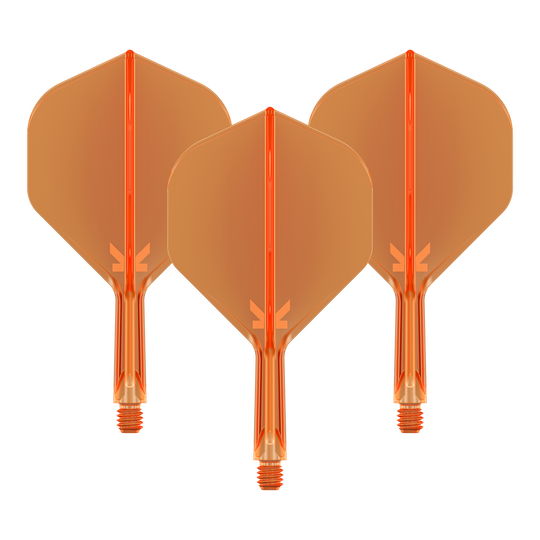 Target K-Flex No2 Standard Flight System - Neon Orange Das Bild zeigt drei neonorange Dartflights mit Shafts. Sie sind in einer Reihe nebeneinander angeordnet und haben eine transparente Optik.