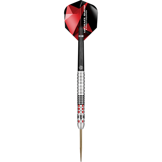 Shot Michael Smith Achieve Steel Darts Auf dem Bild ist ein Steeldartpfeil mit einem silbernen, schwarzen und roten Design zu sehen. Am Dartflight steht der Name "Michael Smith" und "World Champion".