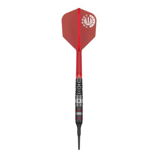 Auf dem Bild ist ein Softdart aus der Target Japan Prime Series Diamond GEN3 mit einem Gewicht von 18g zu sehen. Der Dart hat eine rote Flight und einen schwarz-silbernen Schaft mit feinen Details.