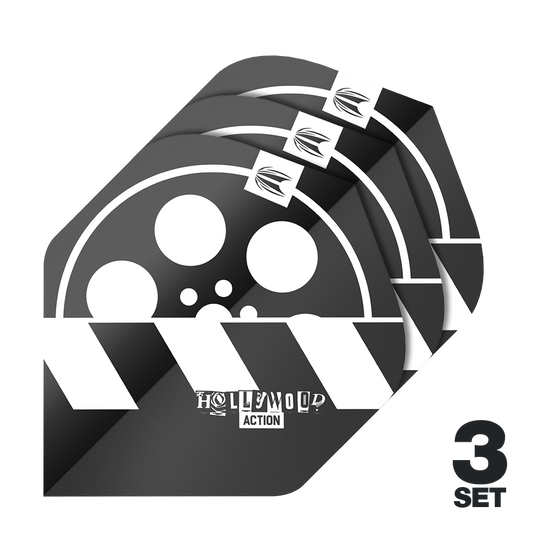 Target Pro Ultra Chris Dobey Hollywood Action No2 Standard Flights - 3 Sets Das Bild zeigt drei Sätze Target Pro Ultra Chris Dobey Hollywood Action No2 Standard Flights für Dartpfeile. Das Design ist schwarz-weiß mit einem Filmrollen- und Klappenmotiv sowie der Aufschrift "Hollywood Action".