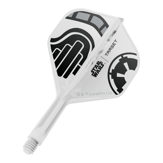 Target Star Wars K-Flex Stormtrooper No2 Standard Flights Das Bild zeigt einen kurzen Dartflügel mit dem Dateinamen 'Stormtrooper No2 Standard Flights Short 19mm 1'. Das Design ist inspiriert von der Star Wars Stormtrooper Optik.