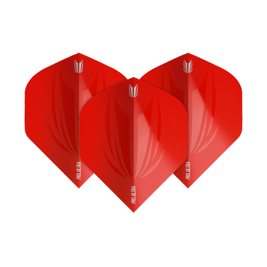 Das Bild zeigt drei rote Dart Flights mit dem Namen "Target ProUltra ID Red No2 Standard Flights". Sie haben ein glänzendes Design und das Logo sowie die Aufschrift "Pro Ultra" sind aufgedruckt.