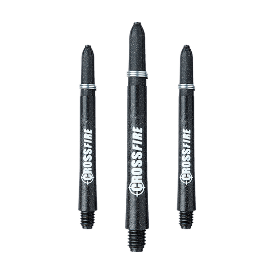 Das Bild zeigt drei RedDragon Crossfire Carbon Fibre Shafts für Darts. Sie sind schwarz und haben das Wort "CROSSFIRE" weiß aufgedruckt.