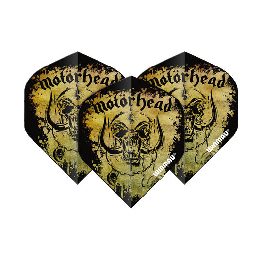 Das Bild zeigt die "Winmau Motorhead Acid Splat Standard Flights" mit einem auffälligen Totenkopf-Design. Die Flights sind in Schwarz und Gelb gehalten und tragen das Motorhead-Logo.