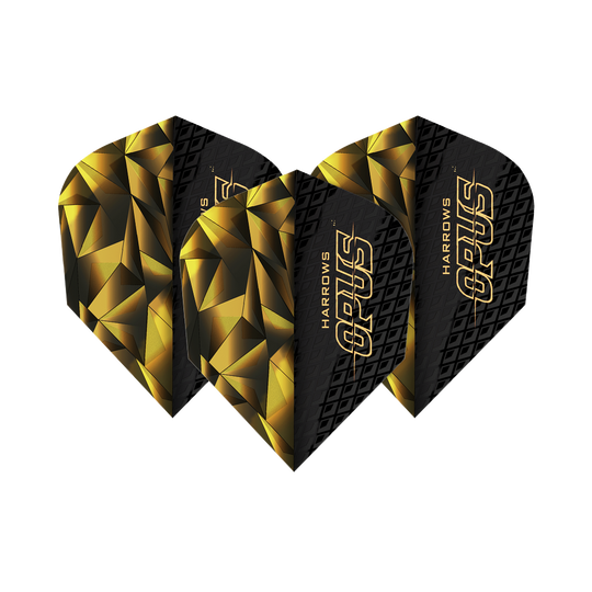 Das Bild zeigt die Harrows Opus Version 1 Flights. Sie haben ein auffälliges schwarzes und goldenes geometrisches Design mit dem Schriftzug "OPUS" darauf.