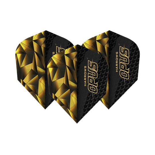 Harrow's Opus Version 1 Flights Das Bild zeigt die Harrows Opus Version 1 Flights. Sie haben ein auffälliges schwarzes und goldenes geometrisches Design mit dem Schriftzug "OPUS" darauf.