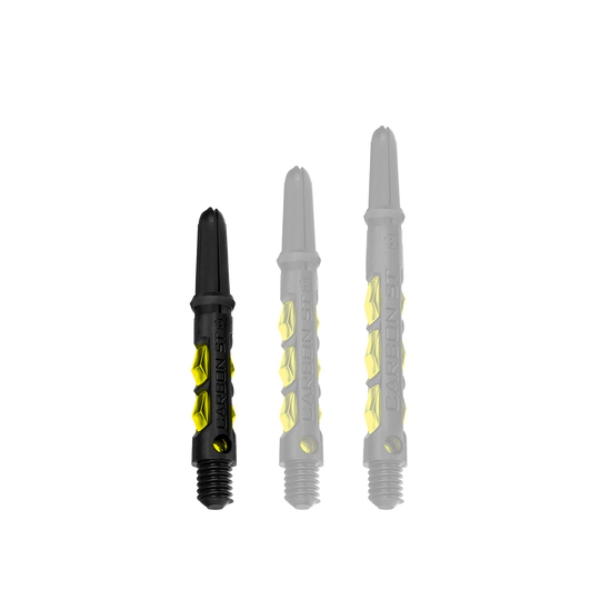 HR419_Harrows_Carbon_ST_Shafts_Gelb_33mm_1 Das Bild zeigt drei Harrows Carbon ST Shafts in Gelb. Sie sind in unterschiedlichen Längen angeordnet und haben ein schwarz-gelbes Design.