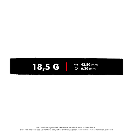 McDart 85 Tungsten V8 Soft Darts - 18.5g Das Bild zeigt die technischen Daten der McDart 85er Tungsten V8 Softdarts mit einem Gewicht von 18,5 Gramm. Die Länge beträgt 42,80 mm und der Durchmesser 6,30 mm.