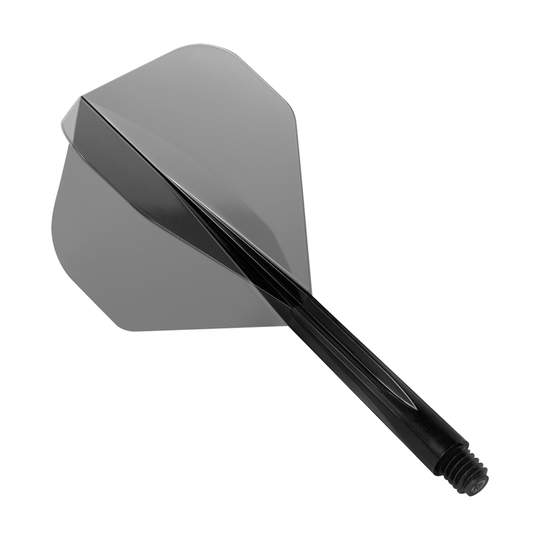 Das Bild zeigt das Produkt „Condor Zero-Stress Clear Black Flight System Standard“. Es handelt sich um ein schwarzes Dartflight-System mit integriertem Schaft.