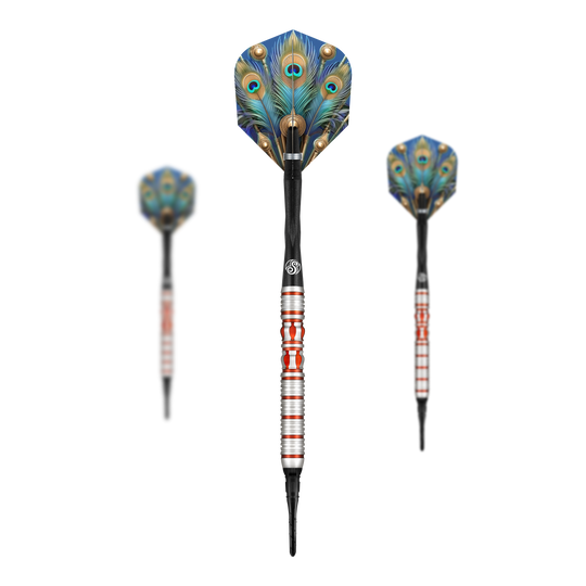 Shot Roman Empire Juno soft darts Das Bild zeigt drei Softdarts des Modells „Shot Roman Empire Juno“. Die Flights sind mit einem auffälligen Pfauenfeder-Muster gestaltet.
