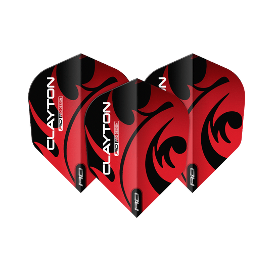 Red Dragon Jonny Clayton Red Black No6 Flights Auf dem Bild sind drei Dartflights des Produkts "Red Dragon Jonny Clayton Red Black No6 Flights" zu sehen. Die Flights sind rot-schwarz gestaltet und tragen den Aufdruck "CLAYTON".