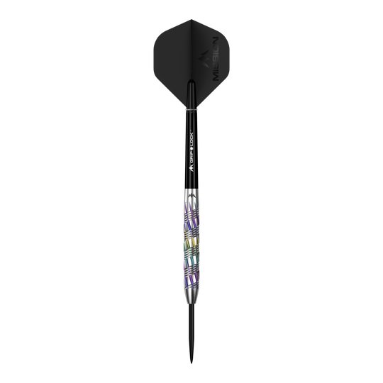 Mission Shuriken Steeldarts sind hochwertige Pfeile für das Dartspiel. Auf dem Bild sieht man einen einzelnen Mission Shuriken Steeldart.
