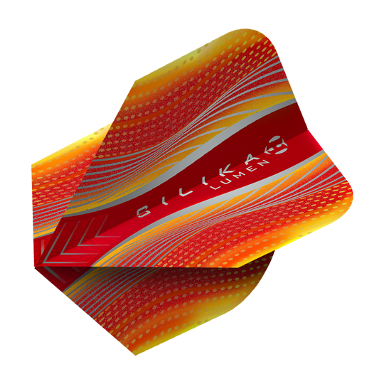 Das Bild zeigt das Produkt "Harrows Silika Lumen Yellow Red No6 Flights". Es ist ein Dartflight in den Farben Rot, Gelb und Silber mit dynamischem Muster und dem Aufdruck "Silika Lumen".