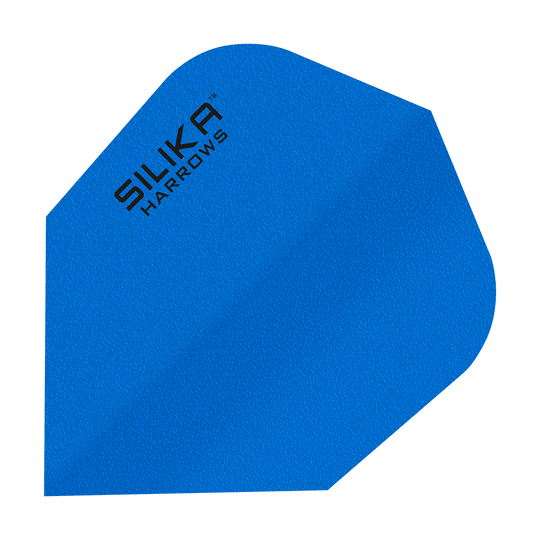Harrows Silica Solid Tough Crystalline Coating Blue No6 Flights Das Bild zeigt ein blaues Dart-Flight mit der Aufschrift "SILIKA HARROWS". Es handelt sich um das Modell "Harrows Silika Solid Tough Crystalline Coating Blue No6 Flights".
