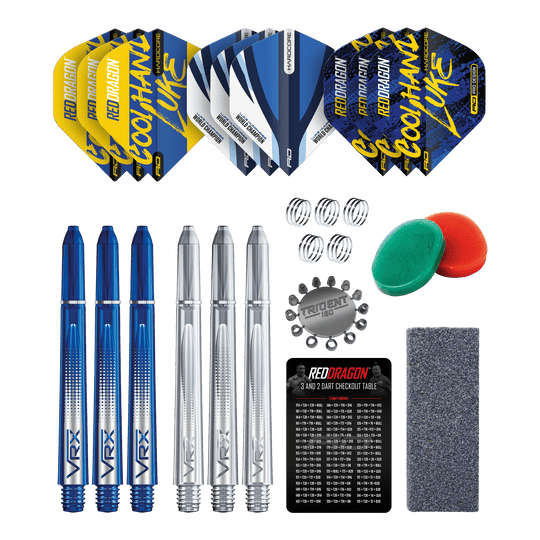 Red Dragon Luke Humphries Optima Accessory Pack Das Bild zeigt das Red Dragon Luke Humphries Optima Zubehör Pack für Darts. Enthalten sind Flights, Shafts, Federn, Tridents, ein Schleifstein, ein Checkout-Table, sowie weiteres nützliches Dartzubehör.