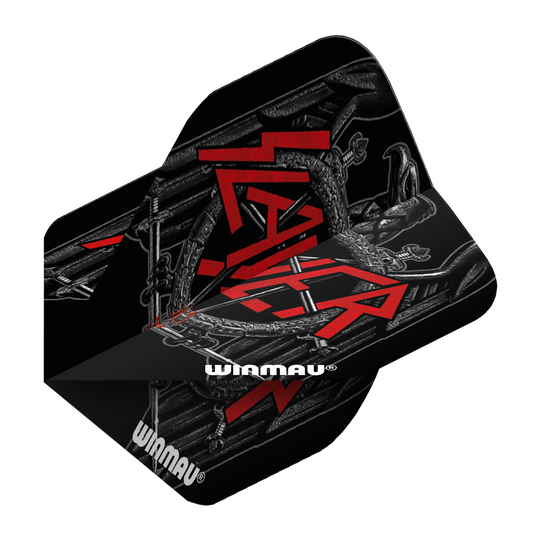 Das Bild zeigt die "Winmau Rockstar Legends Slayer Black Eagle Standard Flights" für Dartpfeile. Die Flights sind hauptsächlich schwarz mit einem auffälligen roten Slayer-Logo und dem weißen Winmau-Schriftzug.
