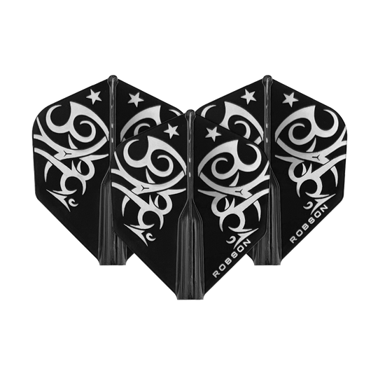 Robson Plus Tribe Standard Flights Das Bild zeigt drei schwarze Dart-Flights mit einem silbernen Tribal-Muster. Auf den Flights steht das Wort "ROBSON".