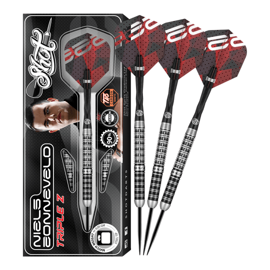 Shot Niels Zonneveld V2 steel darts Das Bild zeigt das Produkt "Shot Niels Zonneveld V2 Steeldarts" samt Verpackung und vier Steeldarts. Die Darts haben ein silber-schwarzes Design mit roten Flights.