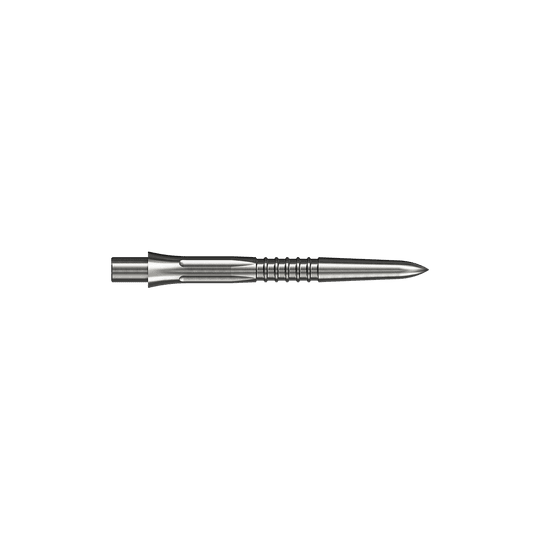 Das Bild zeigt eine silberne Steeldartspitze mit 26mm Länge. Es handelt sich um Mission Caliburn EVO GV1 Steeldartspitzen.