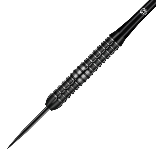 Shot Redline Blazed Steel Darts Das Bild zeigt einen schwarzen Steeldart namens "Shot Redline Blazed". Der Dart hat ein geriffeltes Griffstück für besseren Halt.