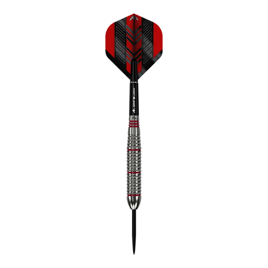 Mission Rogue Brass Steel Darts - 22g Das Bild zeigt einen Mission Rogue Brass Steeldart mit einem Gewicht von 22 Gramm. Der Dart hat ein silbernes, geriffeltes Barrel und rote sowie schwarze Akzente an Flight und Shaft.