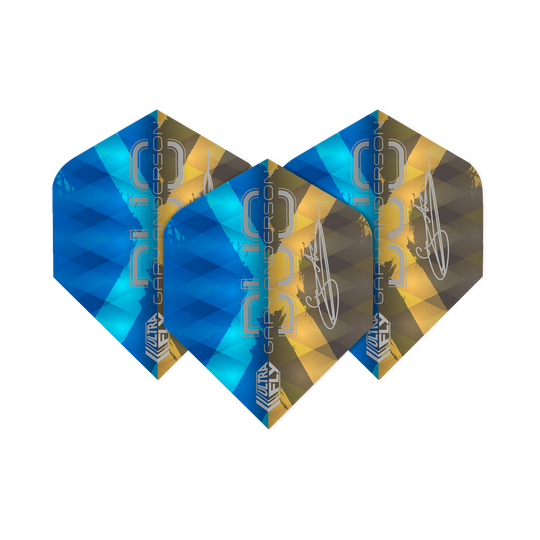 Unicorn Ultrafly 100 Gary Anderson Duo Plus Flights Das Bild zeigt drei Dartflights der Marke "Unicorn Ultrafly 100 Gary Anderson Duo Plus". Die Flights sind in den Farben Blau und Gold gestaltet und tragen den Schriftzug "Gary Anderson".