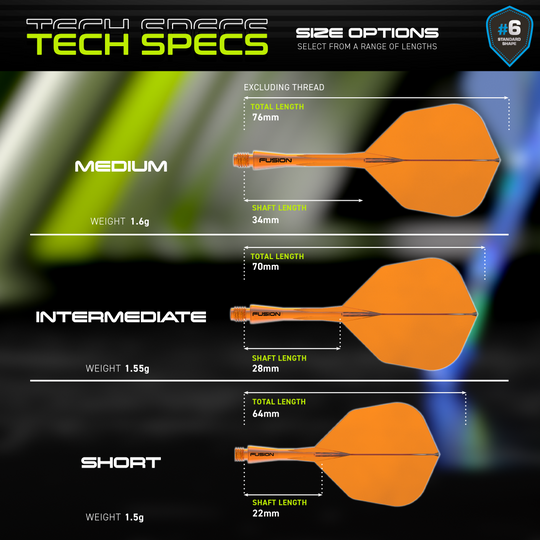 Hier ist das Winmau Fusion Flight-Shaft-System No6 in Neon Orange dargestellt. Das Produkt vereint Flight und Schaft für erhöhte Stabilität im Dartspiel.