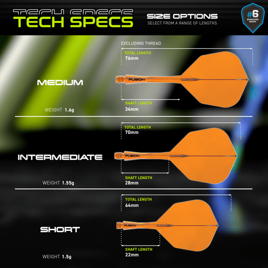 Winmau Fusion Flight Shaft System No6 Neon Orange Hier ist das Winmau Fusion Flight-Shaft-System No6 in Neon Orange dargestellt. Das Produkt vereint Flight und Schaft für erhöhte Stabilität im Dartspiel.