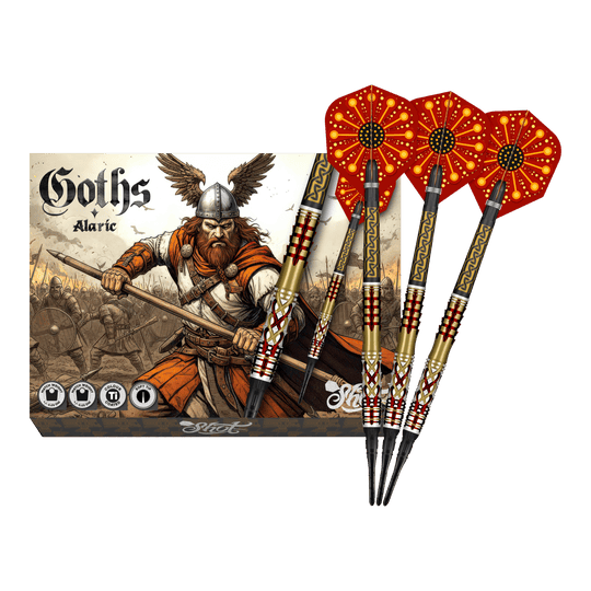 Abgebildet sind die Shot Goths Alaric Softdarts - 20g in voller Ansicht. Die gesamte Länge der Darts ist deutlich erkennbar.