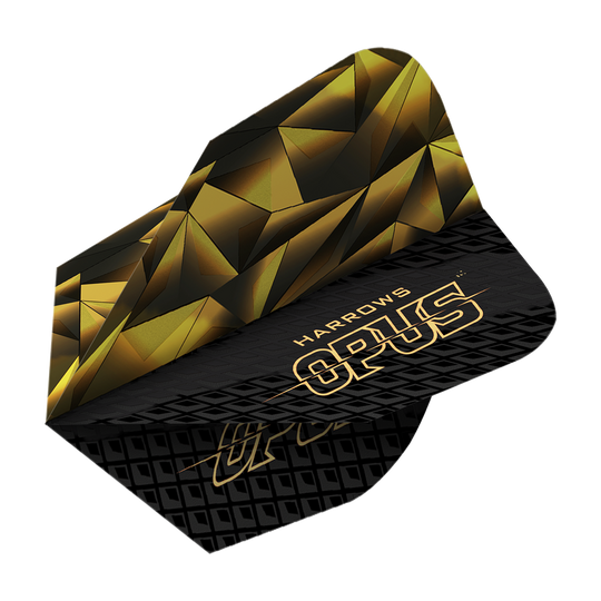 Das Bild zeigt das Produkt "Harrows Opus Version 1 Flights". Das Design ist in Schwarz und Gold mit geometrischen Mustern und dem Schriftzug "OPUS" gestaltet.