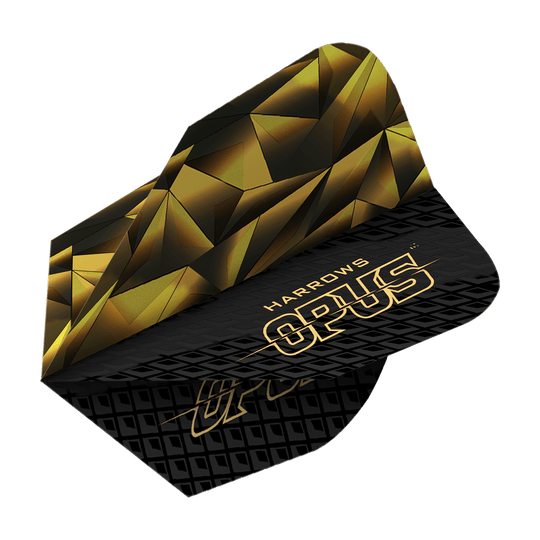 Harrow's Opus Version 1 Flights Das Bild zeigt das Produkt "Harrows Opus Version 1 Flights". Das Design ist in Schwarz und Gold mit geometrischen Mustern und dem Schriftzug "OPUS" gestaltet.