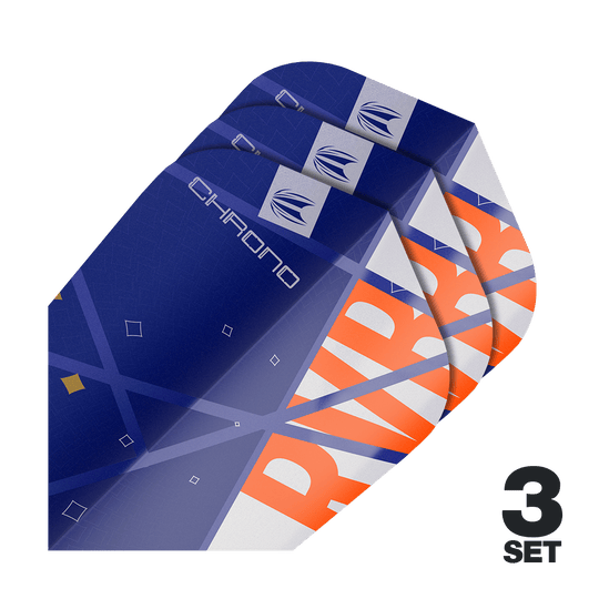 Auf dem Bild sind drei Sätze von Target Pro Ultra Raymond Van Barneveld Chrono Ten-X Standard Flights zu sehen. Die Flights sind überwiegend blau mit orangefarbenen und weißen Akzenten gestaltet.