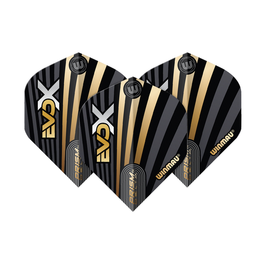 Das Bild zeigt drei Winmau Prism Delta MvG Evo-X No2 Standard Flights. Sie haben ein schwarzes Design mit goldenen und silbernen Streifen sowie dem Winmau-Logo.