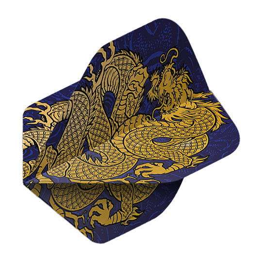 Pentathlon Flights Dragon blue Das Bild zeigt die Pentathlon Dragon 4 Standard Flights. Auf den Flights ist ein goldener Drache auf dunkelblauem Hintergrund abgebildet.