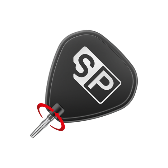 Target Swiss Point Silver dart tips Das Bild zeigt eine silberne Dartspitze, die an einem schwarzen Dartflight mit der Aufschrift "SP" angebracht ist. Ein roter Pfeil deutet darauf hin, dass die Spitze gedreht oder gewechselt werden kann.