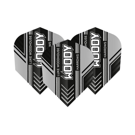 Das Bild zeigt drei Dart-Flights mit dem Aufdruck "WOODY", "LUKE WOODHOUSE" und "HARROWS". Die Flights sind in Schwarz, Weiß und Grau gestaltet und haben ein modernes Streifendesign.