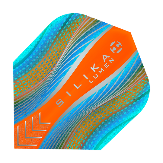 HF5126_Harrows_Silikia_Lumen_Cyan_Orange_No6_Flights_1 Das Bild zeigt ein Dartflight mit dem Namen "Harrows Silika Lumen Cyan Orange No6". Das Flight ist in auffälligen Farben gestaltet, hauptsächlich in Orange, Cyan und Blau mit modernen Mustern.