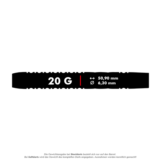 Das Bild zeigt die Produktinformationen der Red Dragon Gerwyn Price Thunderbolt Softdarts mit 20 Gramm. Die Darts haben eine Länge von 50,90 mm und einen Durchmesser von 6,30 mm.